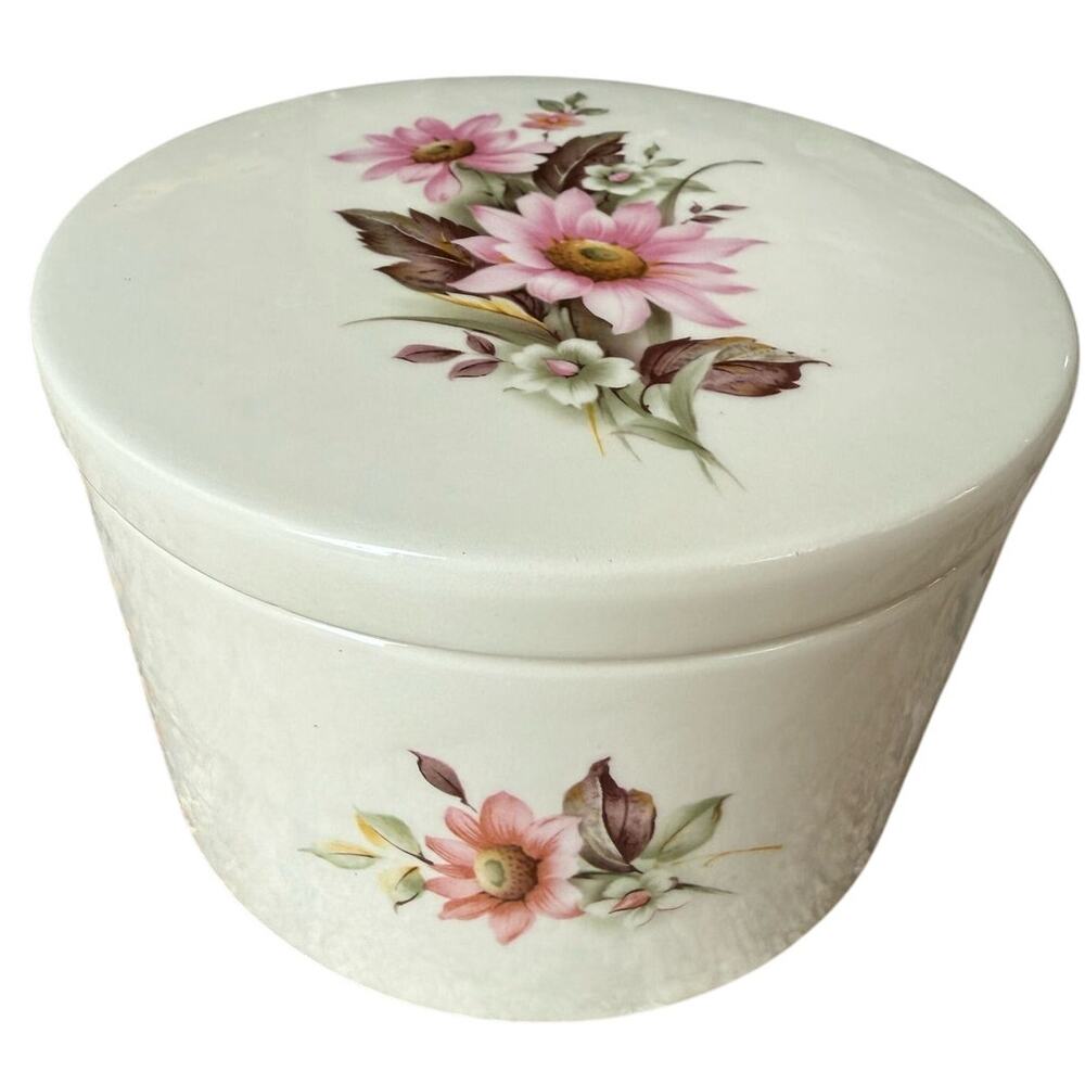 Vintage Jaeger Floral Cottage Coquette Flowers Ceramic Round Pottery Trinket Pot